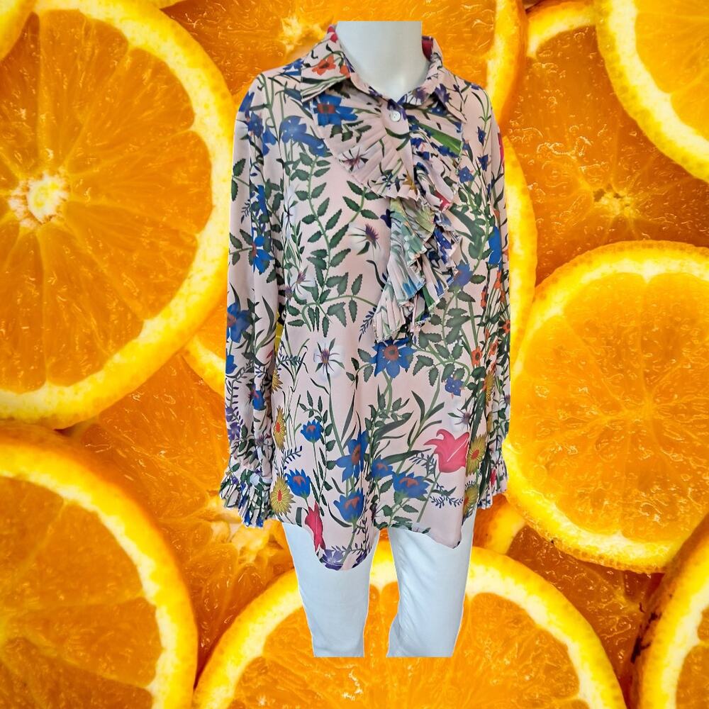 JCL Ruffled‎ Floral Pink Button Up Shirt Size Medium